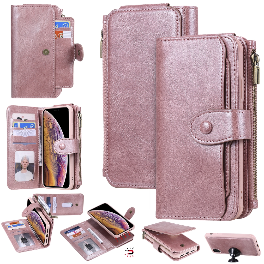 For iPhone XR Multifunctional Retro Detachable Magnetic Horizontal Flip Leather Case with Card Slots & Holder & Wallet & Photo Frame(Rose Gold) -