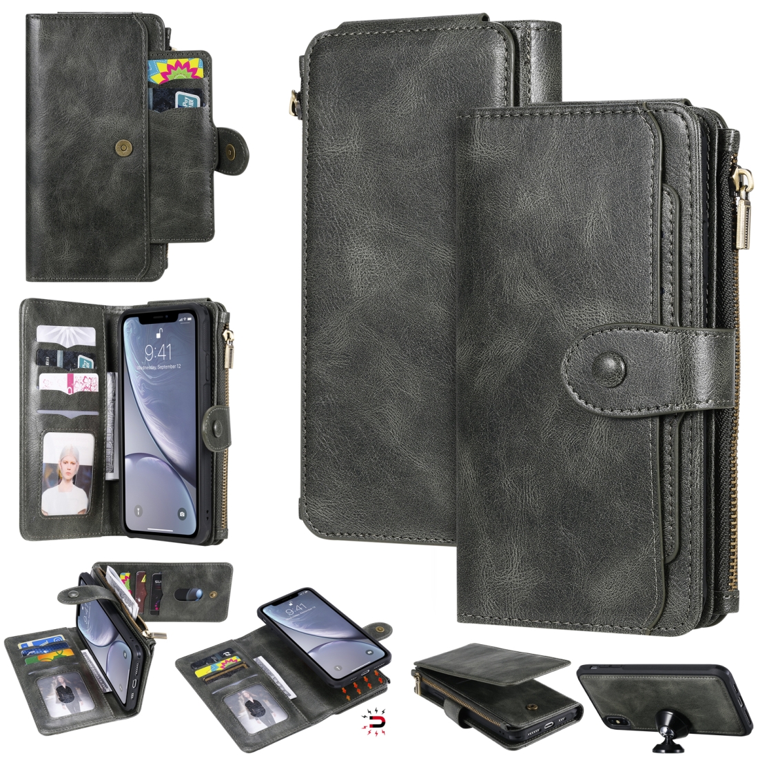 For iPhone XS Max Multifunctional Retro Detachable Magnetic Horizontal Flip Leather Case with Card Slots & Holder & Wallet & Photo Frame(Dark Green)