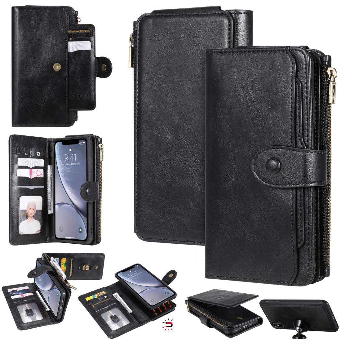 For iPhone XS Max Multifunctional Retro Detachable Magnetic Horizontal Flip Leather Case with Card Slots & Holder & Wallet & Photo Frame(Black) -