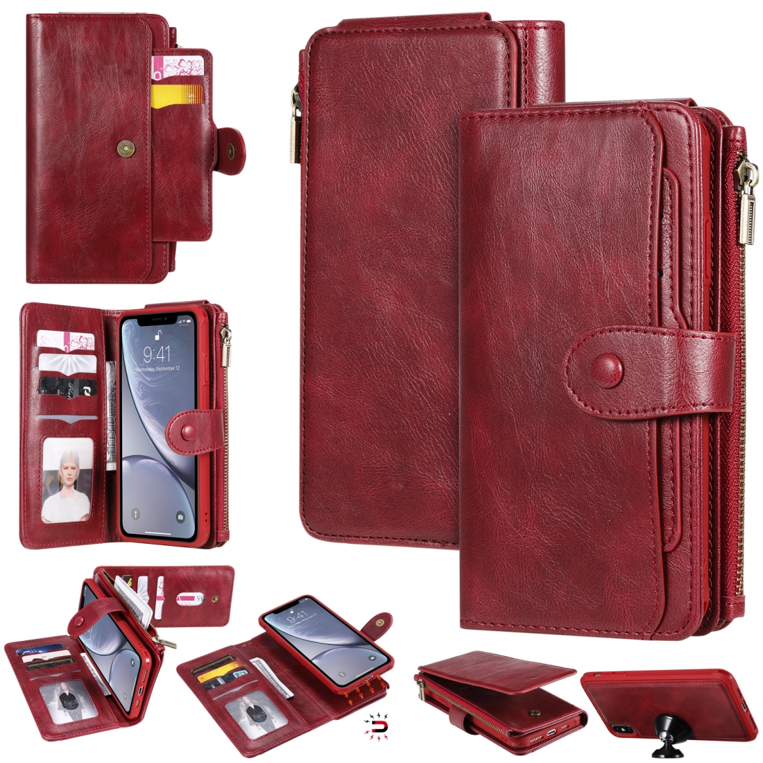 For iPhone XS Max Multifunctional Retro Detachable Magnetic Horizontal Flip Leather Case with Card Slots & Holder & Wallet & Photo Frame(Red) -