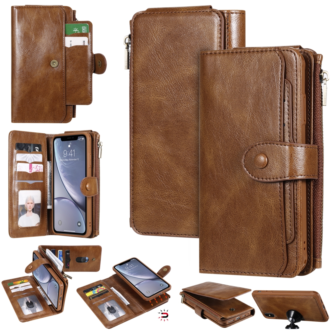 For iPhone XS Max Multifunctional Retro Detachable Magnetic Horizontal Flip Leather Case with Card Slots & Holder & Wallet & Photo Frame(Brown) -