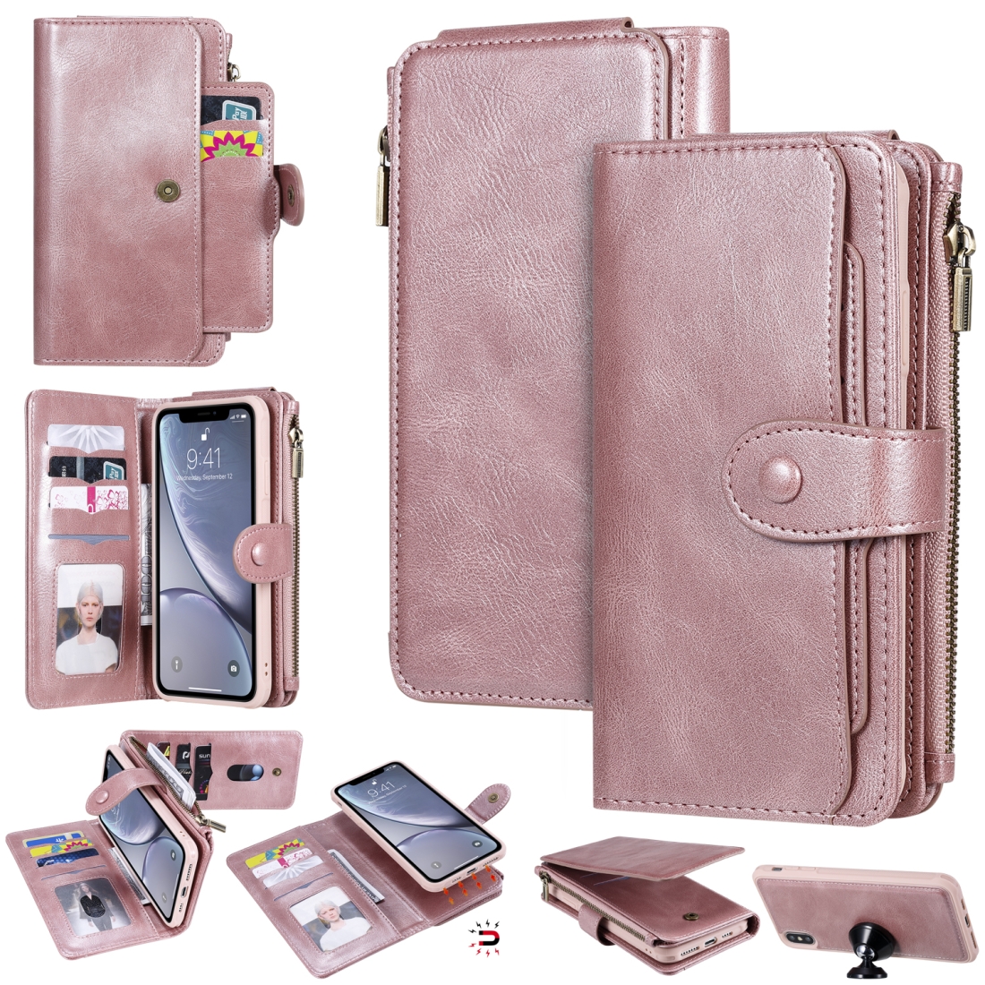 For iPhone XS Max Multifunctional Retro Detachable Magnetic Horizontal Flip Leather Case with Card Slots & Holder & Wallet & Photo Frame(Rose Gold) -