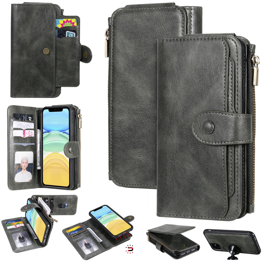For iPhone 11 Multifunctional Retro Detachable Magnetic Horizontal Flip Leather Case with Card Slots & Holder & Wallet & Photo Frame(Dark Green) -