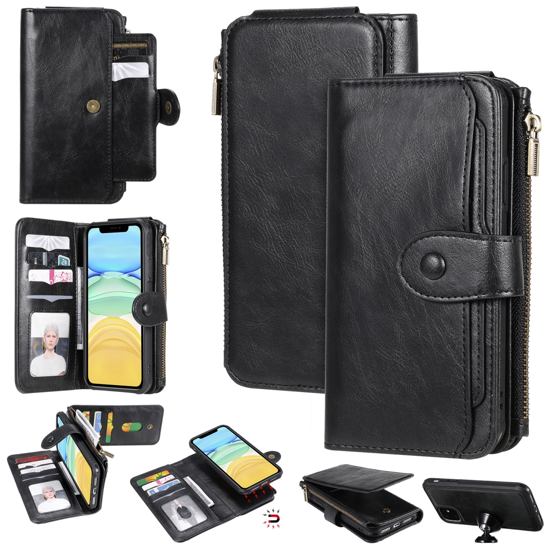 For iPhone 11 Multifunctional Retro Detachable Magnetic Horizontal Flip Leather Case with Card Slots & Holder & Wallet & Photo Frame(Black) -