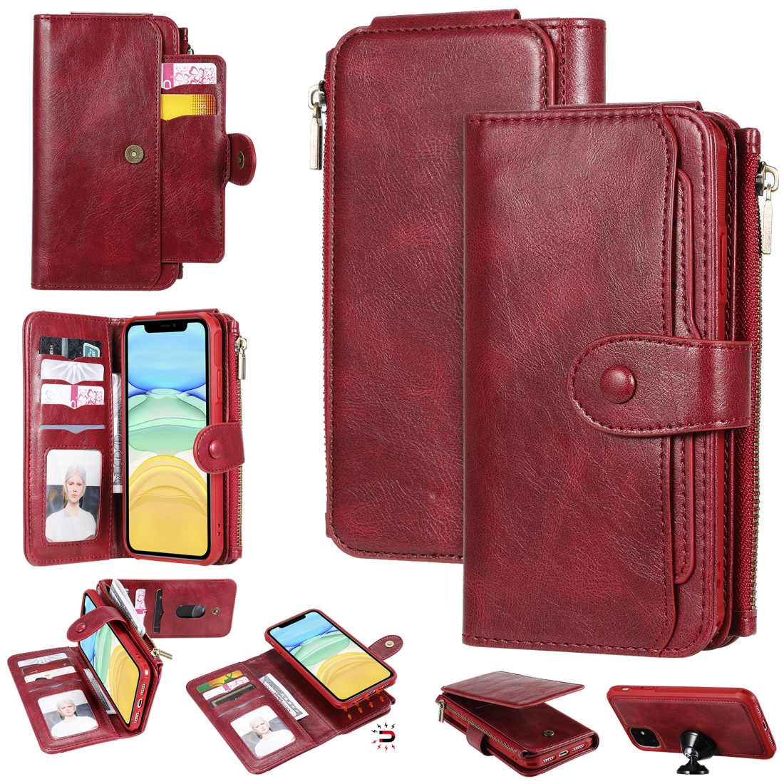 For iPhone 11 Multifunctional Retro Detachable Magnetic Horizontal Flip Leather Case with Card Slots & Holder & Wallet & Photo Frame(Red) -