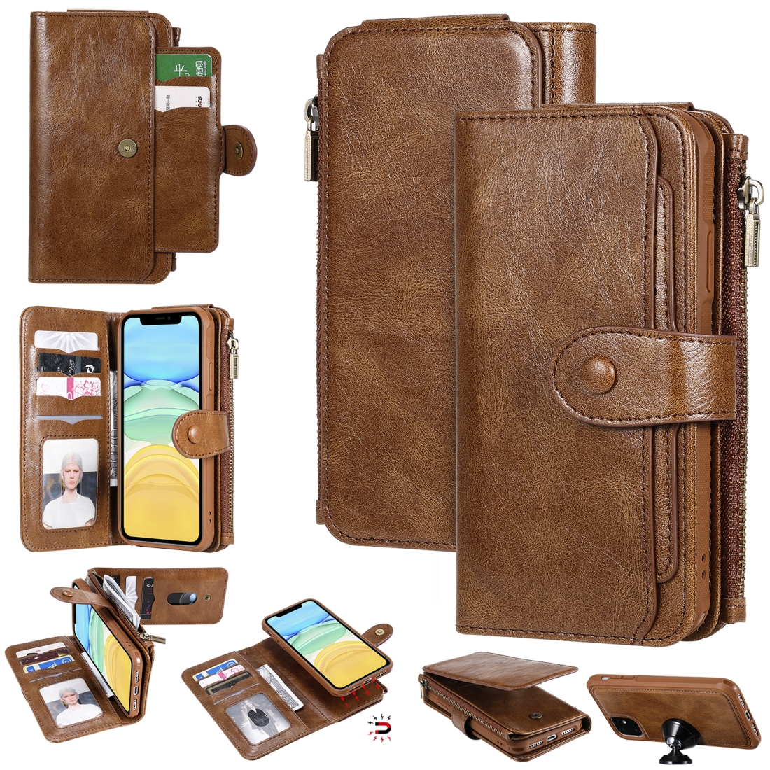 For iPhone 11 Multifunctional Retro Detachable Magnetic Horizontal Flip Leather Case with Card Slots & Holder & Wallet & Photo Frame(Brown) -