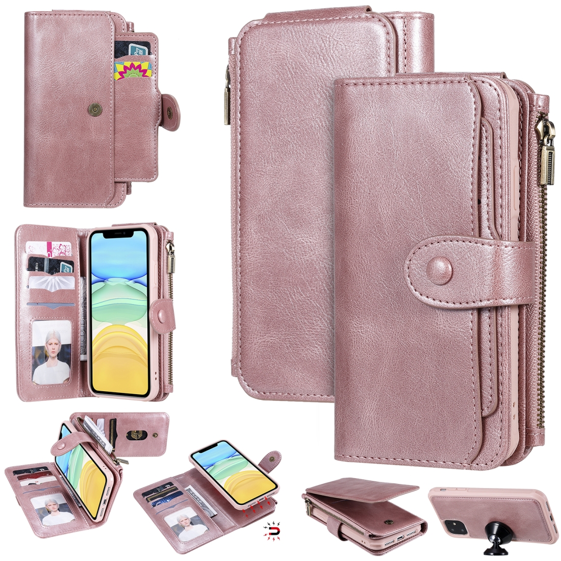 For iPhone 11 Multifunctional Retro Detachable Magnetic Horizontal Flip Leather Case with Card Slots & Holder & Wallet & Photo Frame(Rose Gold) -