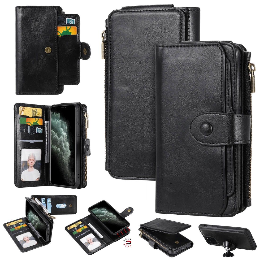 For iPhone 11 Pro Multifunctional Retro Detachable Magnetic Horizontal Flip Leather Case with Card Slots & Holder & Wallet & Photo Frame(Black) -