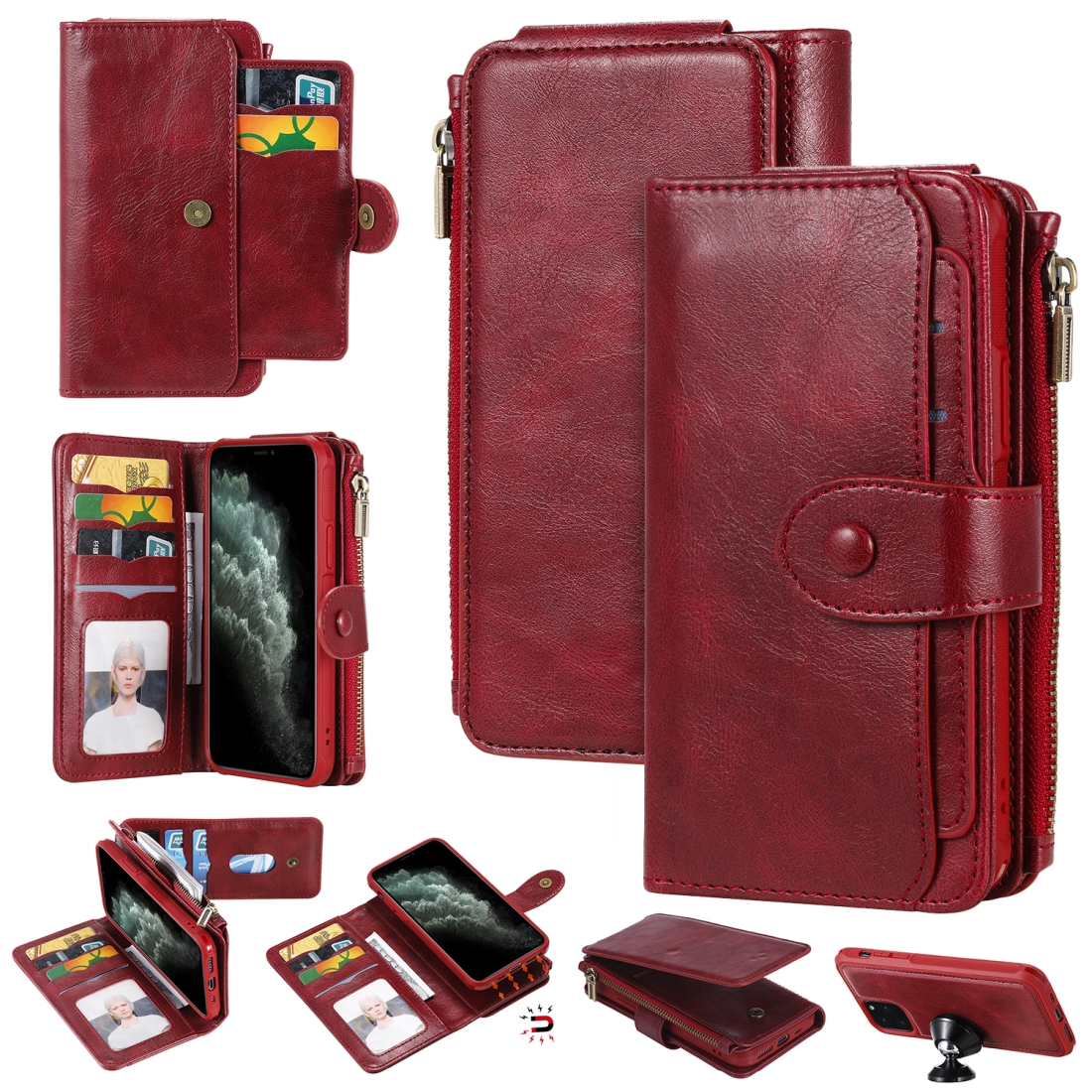 For iPhone 11 Pro Multifunctional Retro Detachable Magnetic Horizontal Flip Leather Case with Card Slots & Holder & Wallet & Photo Frame(Red) -