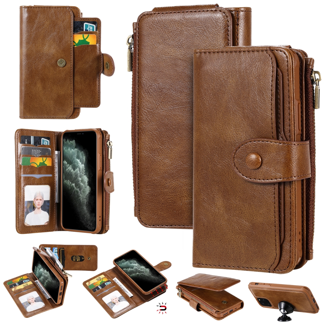 For iPhone 11 Pro Multifunctional Retro Detachable Magnetic Horizontal Flip Leather Case with Card Slots & Holder & Wallet & Photo Frame(Brown) -
