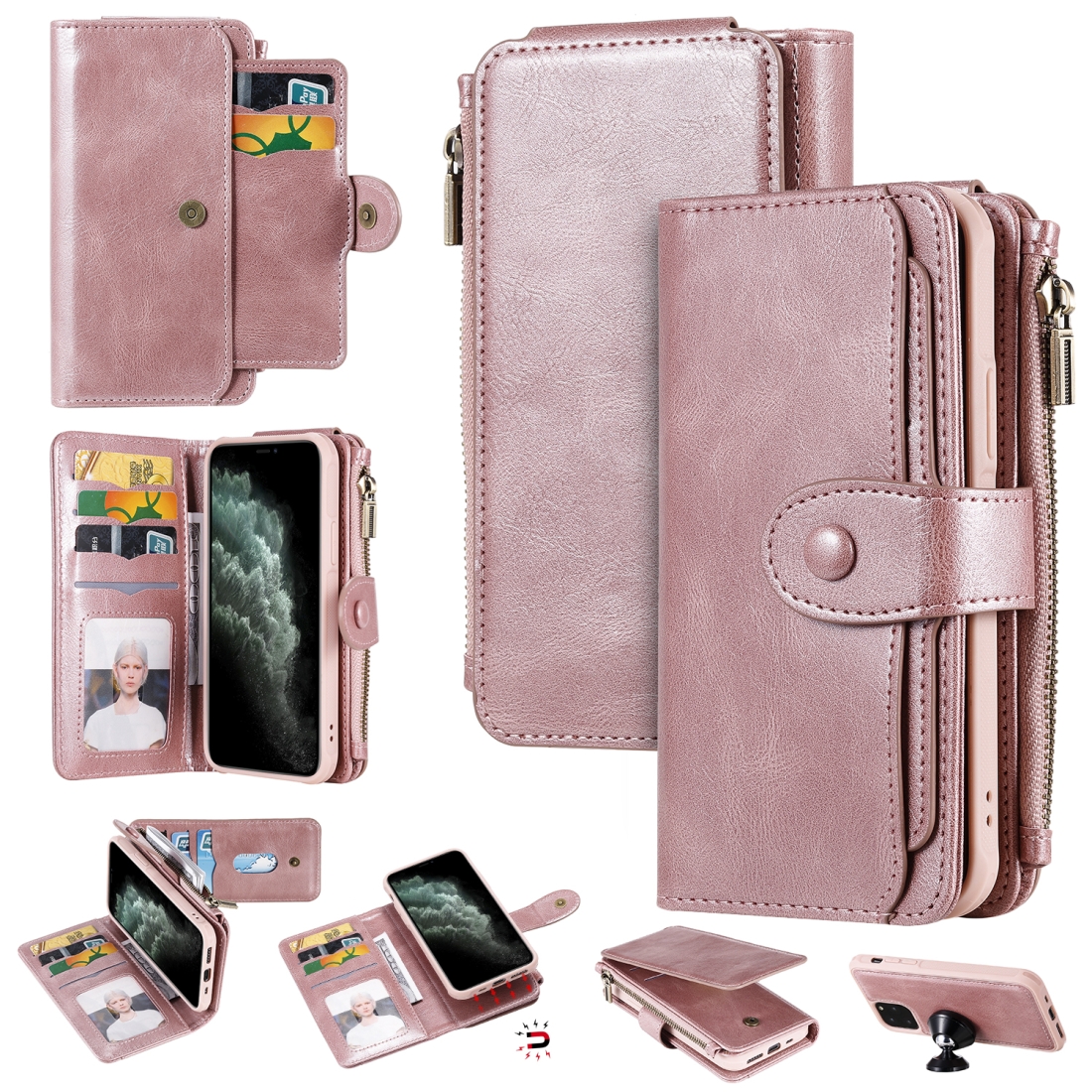For iPhone 11 Pro Multifunctional Retro Detachable Magnetic Horizontal Flip Leather Case with Card Slots & Holder & Wallet & Photo Frame(Rose Gold) -