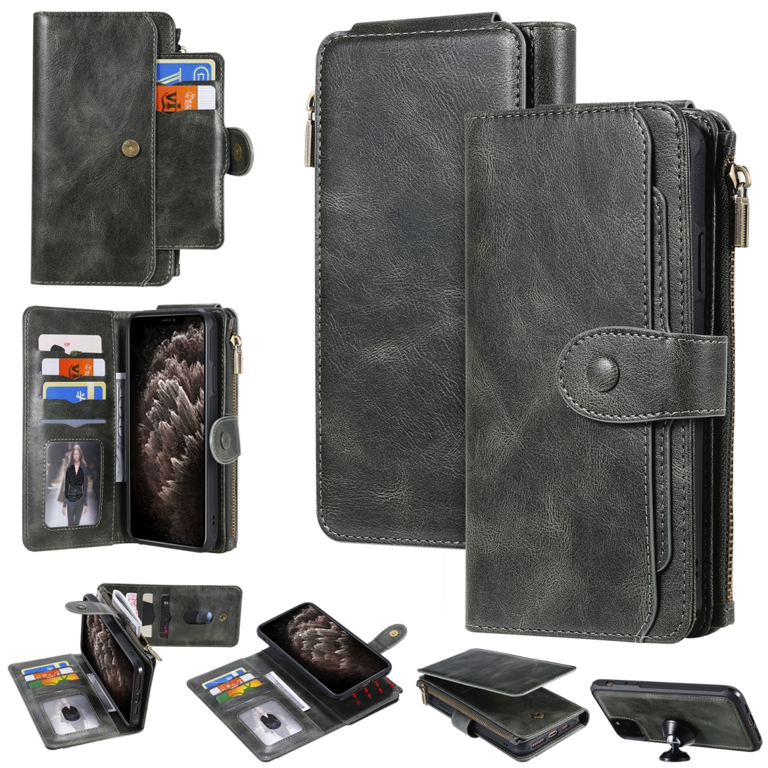 For iPhone 11 Pro Max Multifunctional Retro Detachable Magnetic Horizontal Flip Leather Case with Card Slots & Holder & Wallet & Photo Frame(Dark
