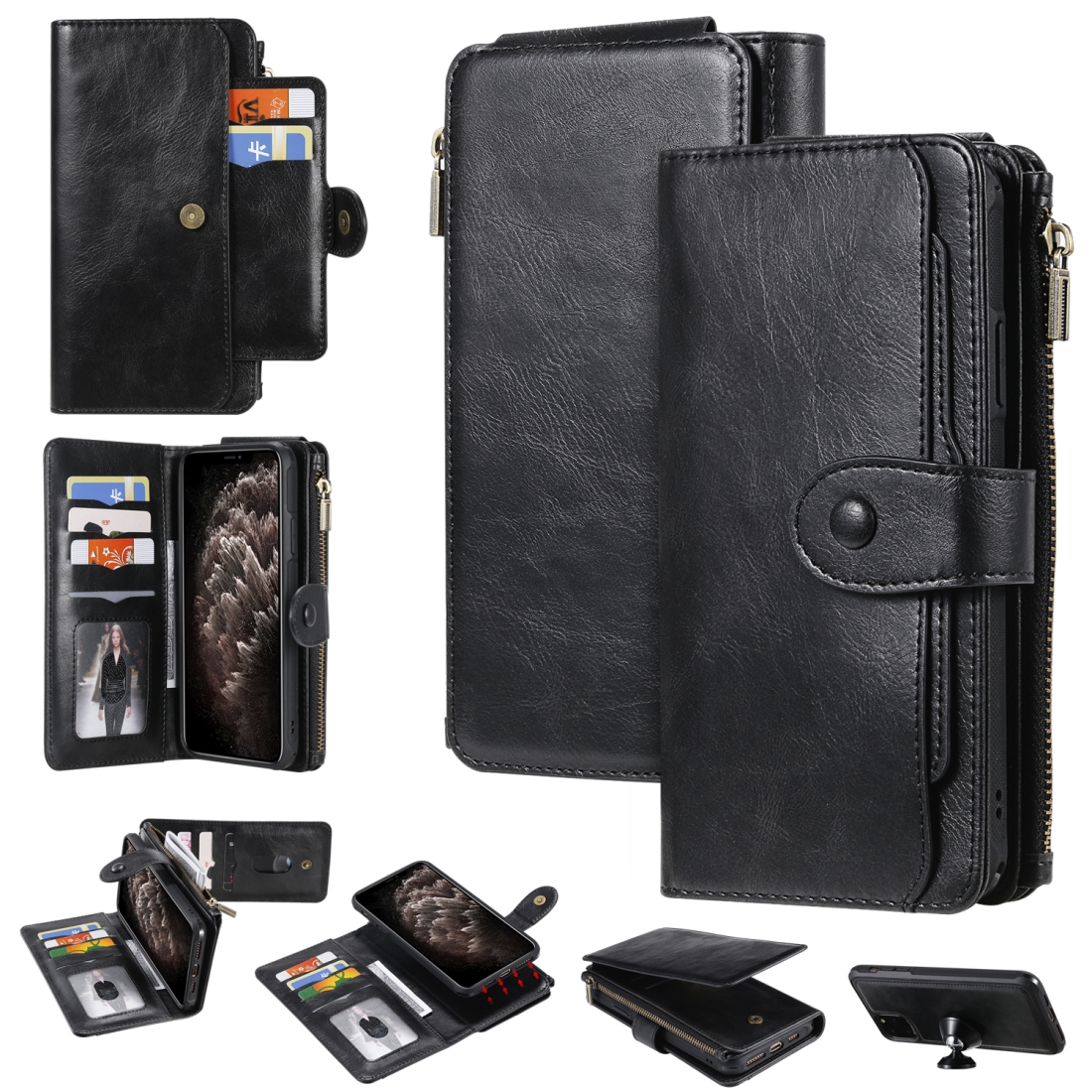 For iPhone 11 Pro Max Multifunctional Retro Detachable Magnetic Horizontal Flip Leather Case with Card Slots & Holder & Wallet & Photo Frame(Black) -