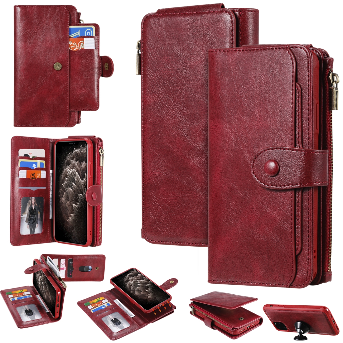 For iPhone 11 Pro Max Multifunctional Retro Detachable Magnetic Horizontal Flip Leather Case with Card Slots & Holder & Wallet & Photo Frame(Red) -