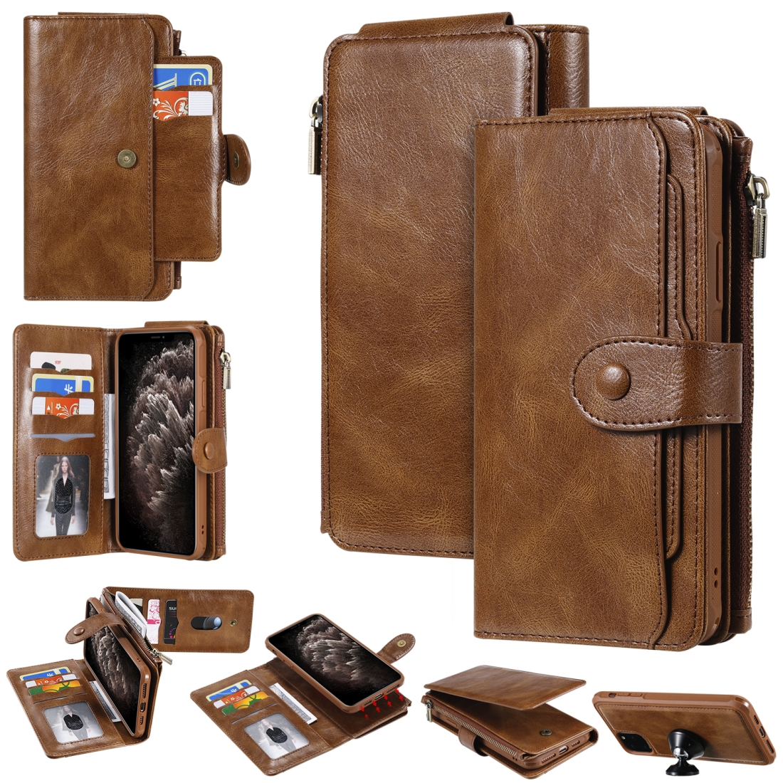 For iPhone 11 Pro Max Multifunctional Retro Detachable Magnetic Horizontal Flip Leather Case with Card Slots & Holder & Wallet & Photo Frame(Brown) -