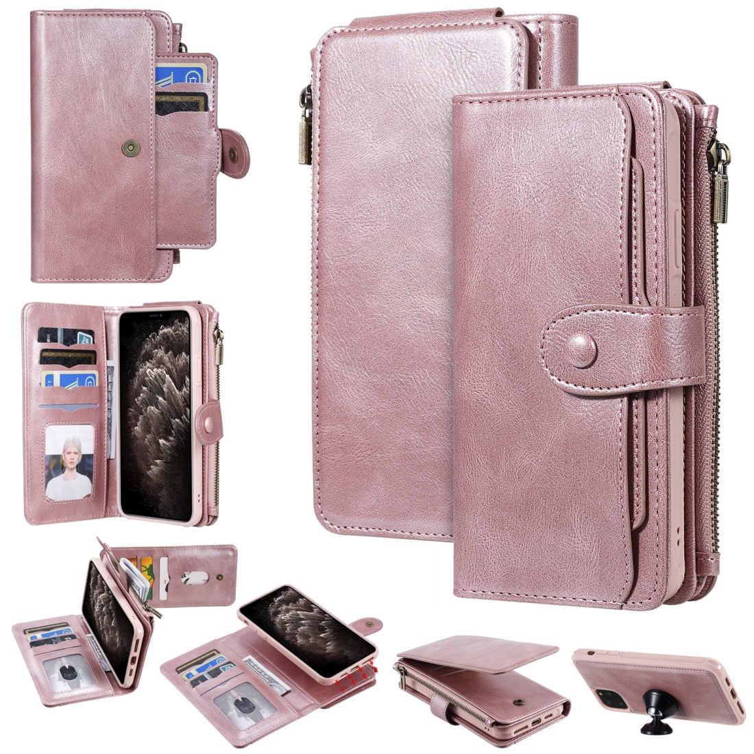 For iPhone 11 Pro Max Multifunctional Retro Detachable Magnetic Horizontal Flip Leather Case with Card Slots & Holder & Wallet & Photo Frame(Rose