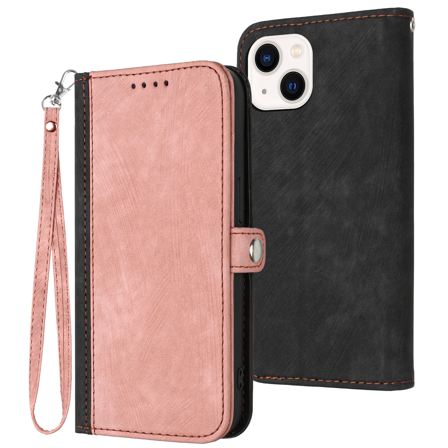 For iPhone 14 Plus Side Buckle Double Fold Hand Strap Leather Phone Case(Pink) - Shopkiz.com