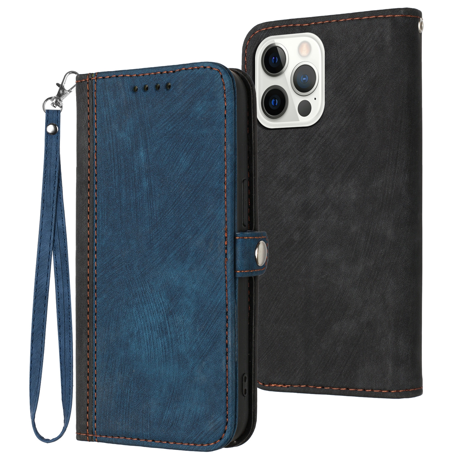 For iPhone 13 Pro Side Buckle Double Fold Hand Strap Leather Phone Case(Royal Blue) - Shopkiz.com