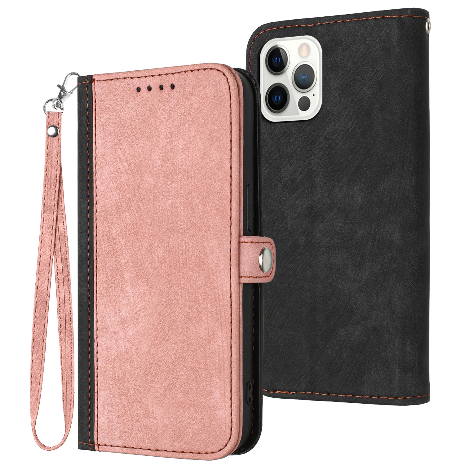 For iPhone 12 / 12 Pro Side Buckle Double Fold Hand Strap Leather Phone Case(Pink) - Shopkiz.com