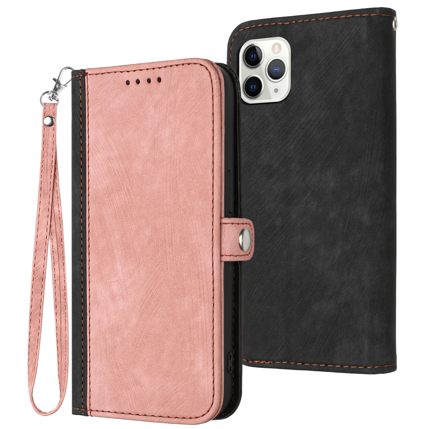 For iPhone 11 Pro Max Side Buckle Double Fold Hand Strap Leather Phone Case(Pink) - Shopkiz.com