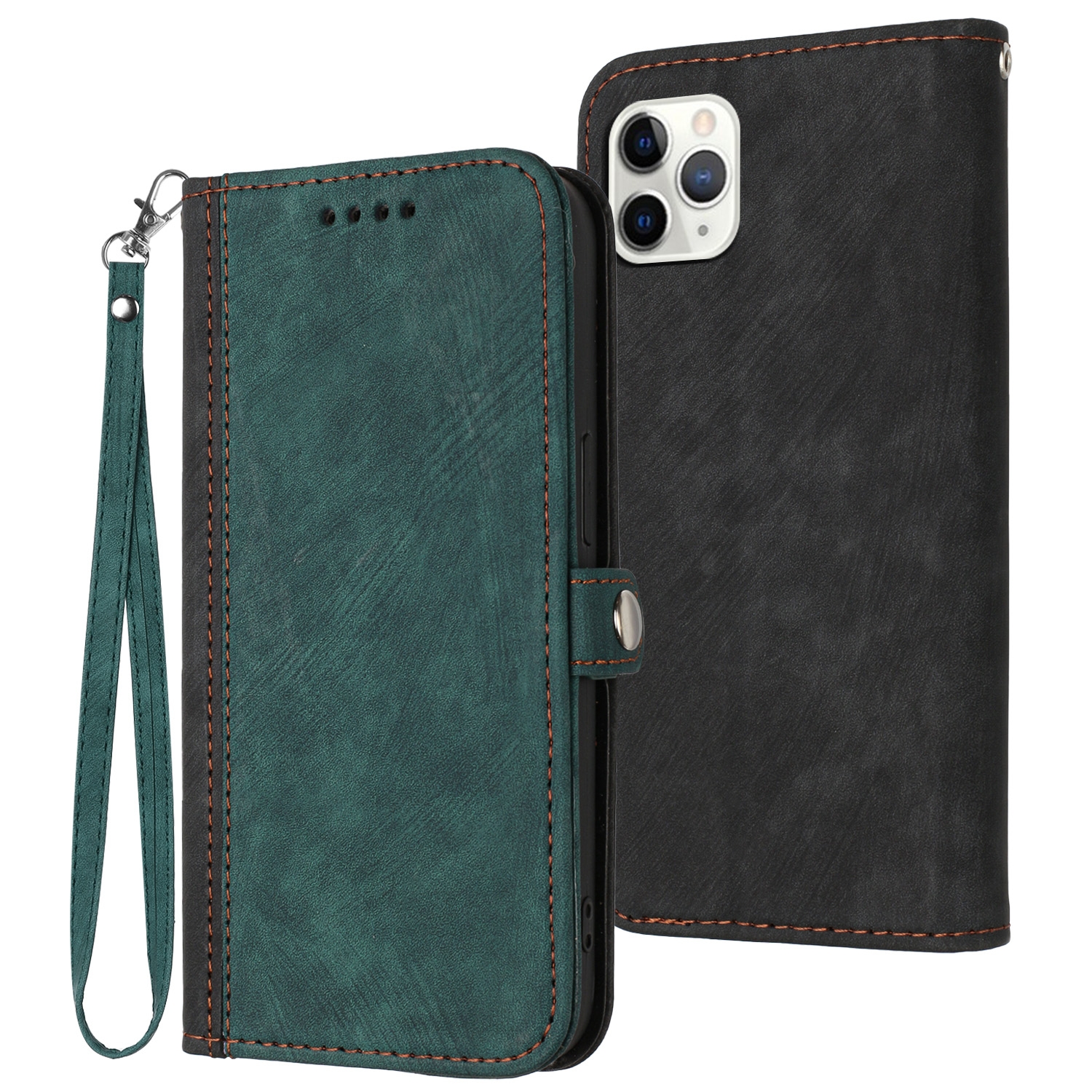 For iPhone 11 Pro Side Buckle Double Fold Hand Strap Leather Phone Case(Dark Green) - Shopkiz.com