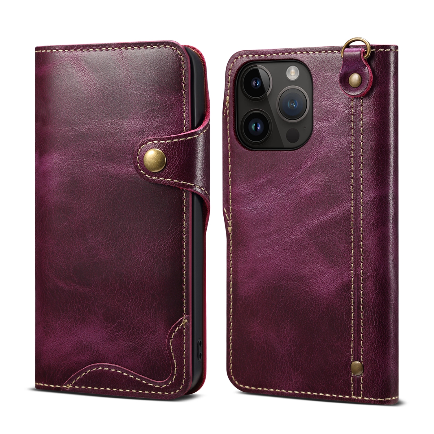 For iPhone 14 Pro Denior Oil Wax Cowhide Magnetic Button Genuine Leather Case (Purple) - Shopkiz.com