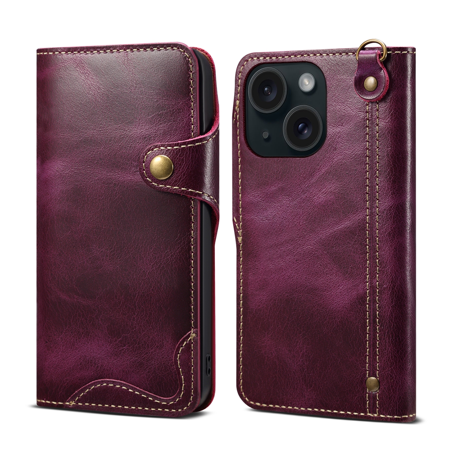 For iPhone 13 Denior Oil Wax Cowhide Magnetic Button Genuine Leather Case (Purple) - Shopkiz.com