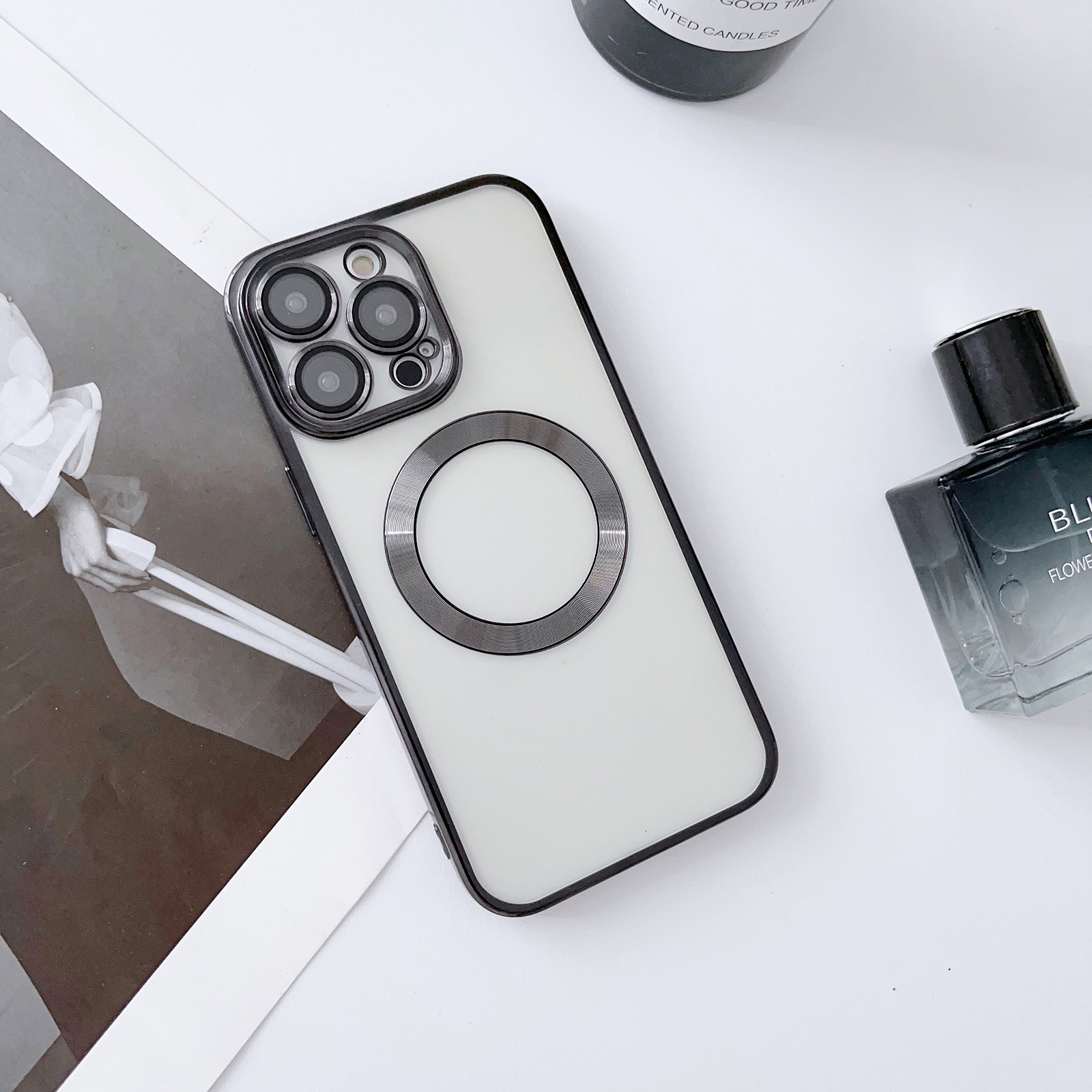 For iPhone 14 MagSafe Electroplated Magnetic TPU Phone Case with Dust Filter & Lens Film(Black) - Shopkiz.com