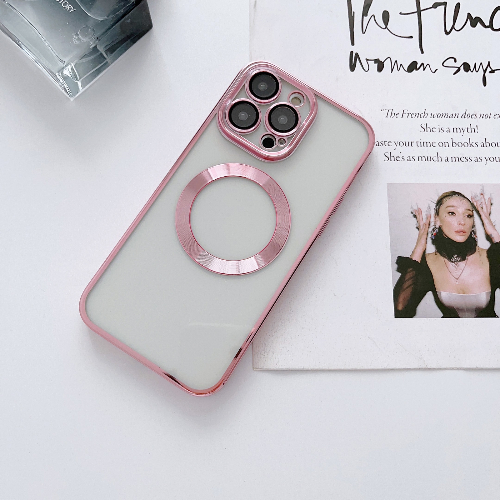 For iPhone 13 Pro MagSafe Electroplated Magnetic TPU Phone Case with Dust Filter & Lens Film(Pink) - Shopkiz.com