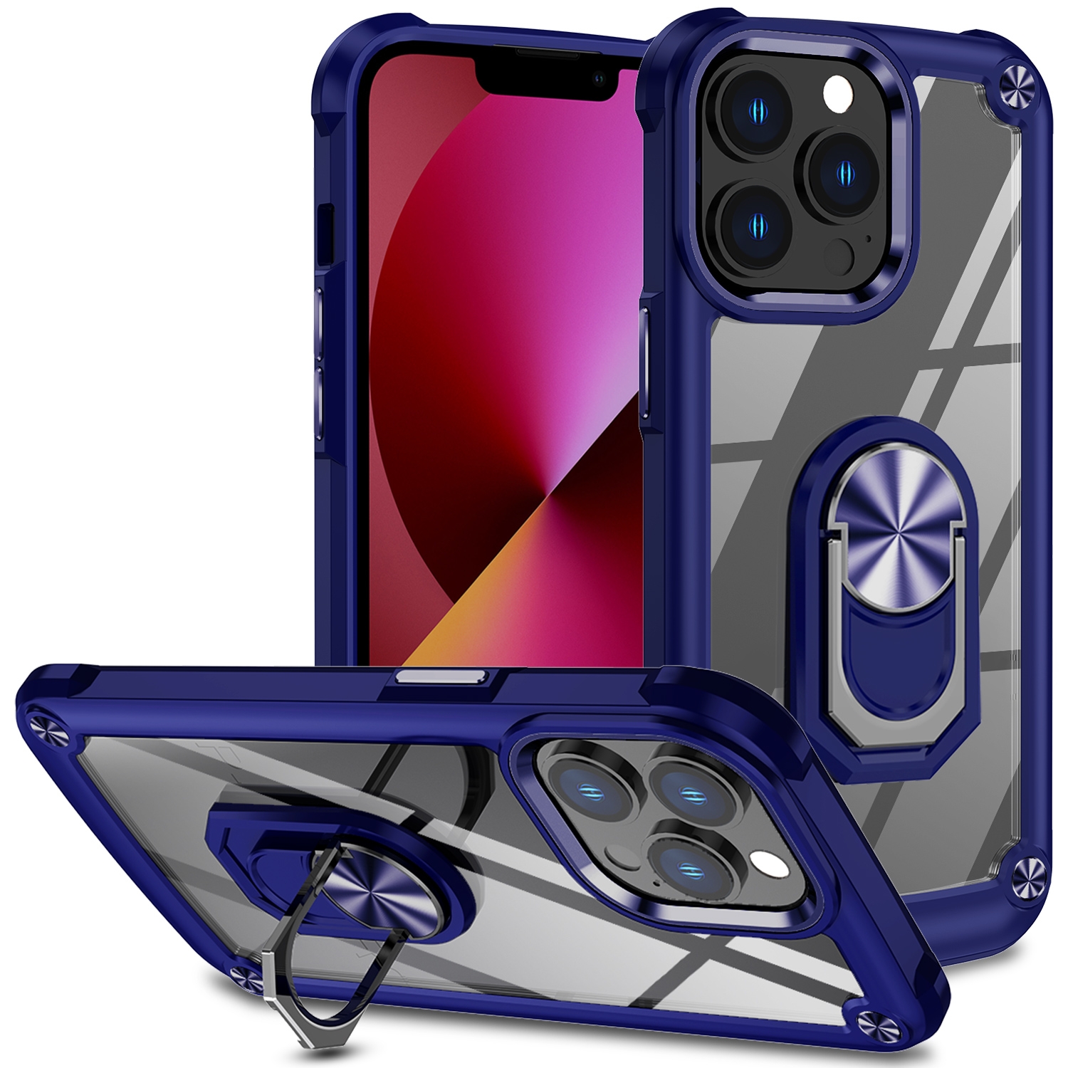 For iPhone 12 Pro Max TPU + PC Lens Protection Phone Case with Ring Holder(Blue) - Shopkiz.com