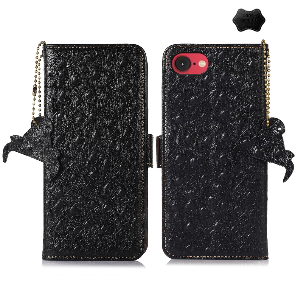 For iPhone 16e / 17e Ostrich Pattern Genuine Leather RFID Phone Case(Black) - Shopkiz.com