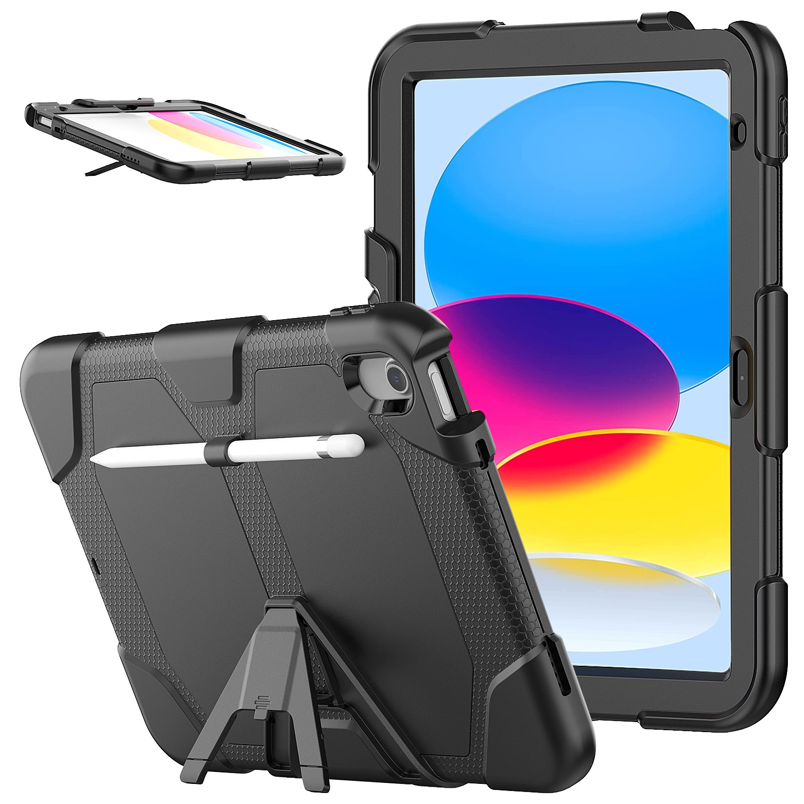 For iPad 2025 / 2022 Rugged Silicone Hard PC Tablet Case with Holder(Black) - Shopkiz.com