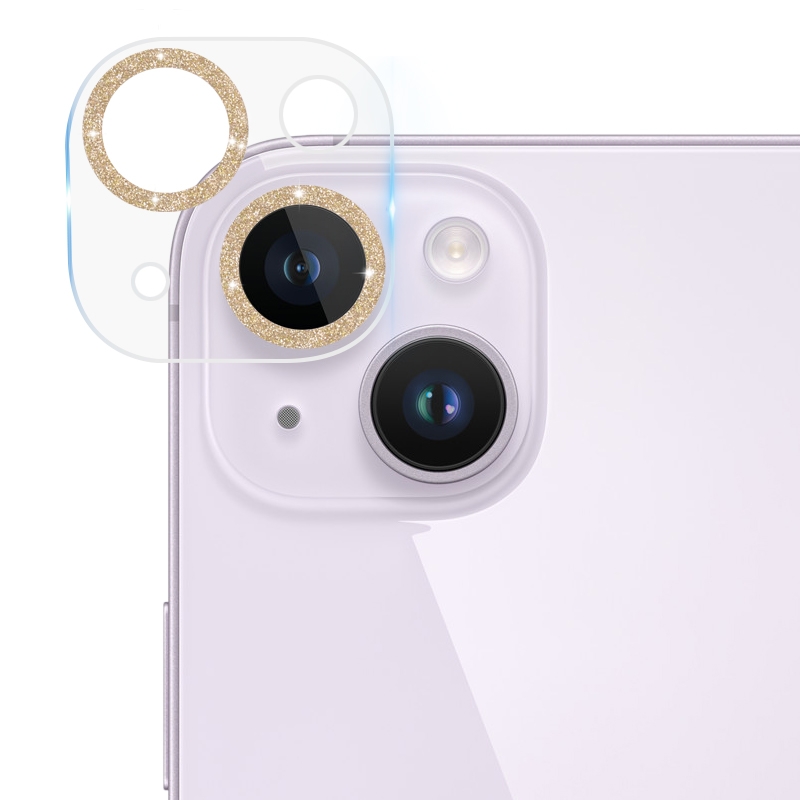 For iPhone 14 / 14 Plus Tempered Glass Glitter CD Texture Back Camera Film(Gold) - Shopkiz.com