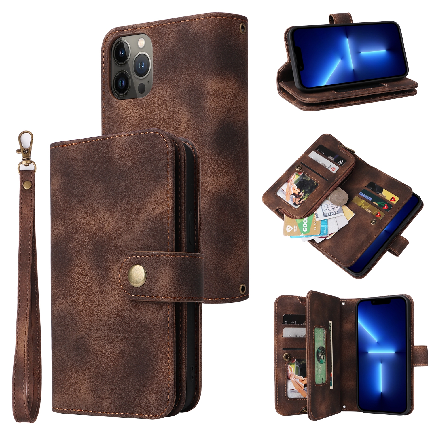 For iPhone 14 Multifunctional Card Slot Zipper Wallet Flip Leather Phone Case(Brown) - Shopkiz.com