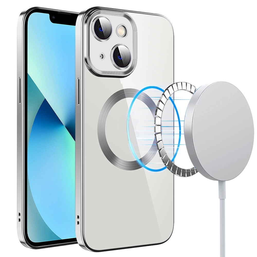 For iPhone 14 Electroplating MagSafe TPU Phone Case with Lens Film(Silver) - Shopkiz.com