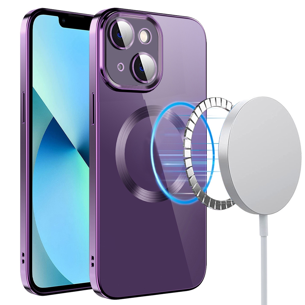 For iPhone 14 Electroplating MagSafe TPU Phone Case with Lens Film(Deep Purple) - Shopkiz.com