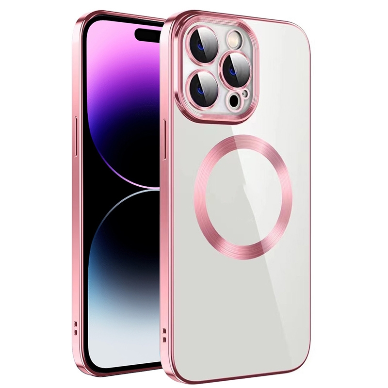 For iPhone 14 Pro Electroplating MagSafe TPU Phone Case with Lens Film(Pink) - Shopkiz.com