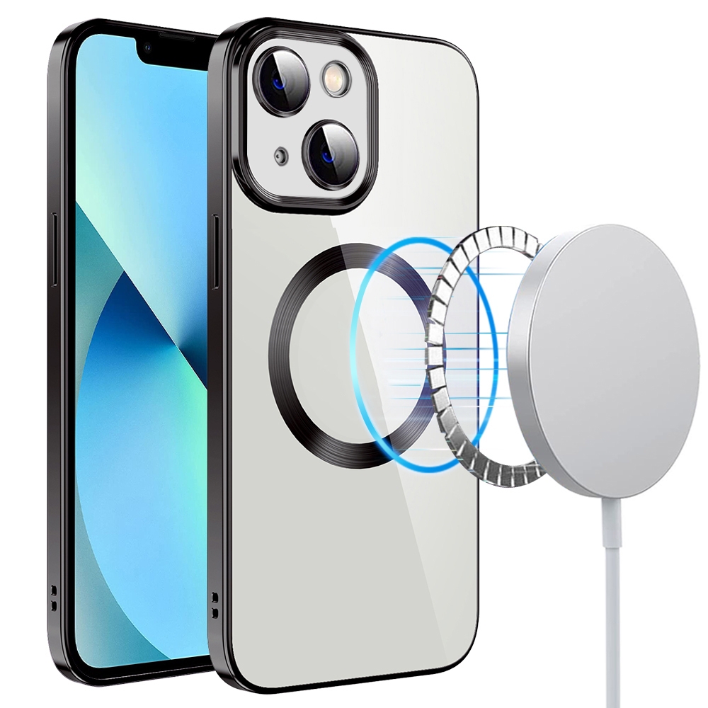 For iPhone 14 Plus Electroplating MagSafe TPU Phone Case with Lens Film(Black) - Shopkiz.com