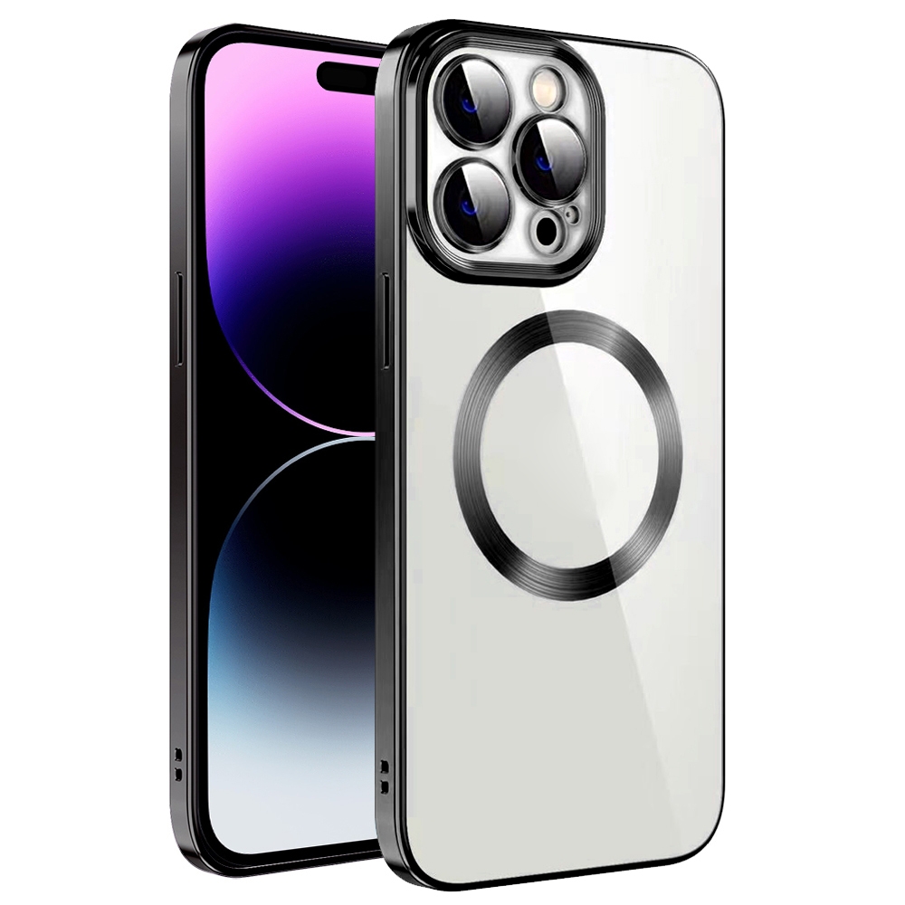 For iPhone 14 Pro Max Electroplating MagSafe TPU Phone Case with Lens Film(Black) - Shopkiz.com