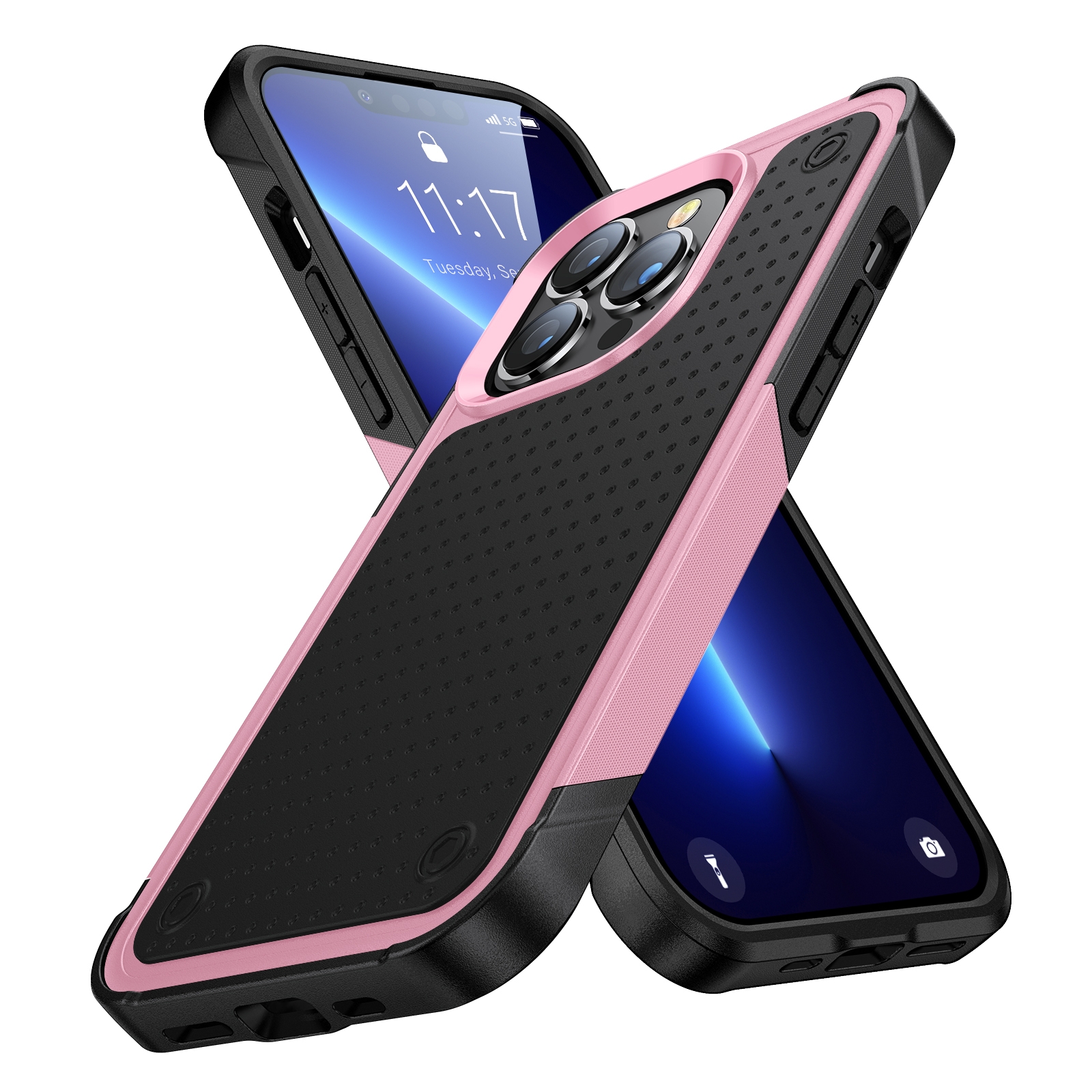 For iPhone 13 Pro Max PC + TPU Shockproof Protective Phone Case(Pink+Black) - Shopkiz.com