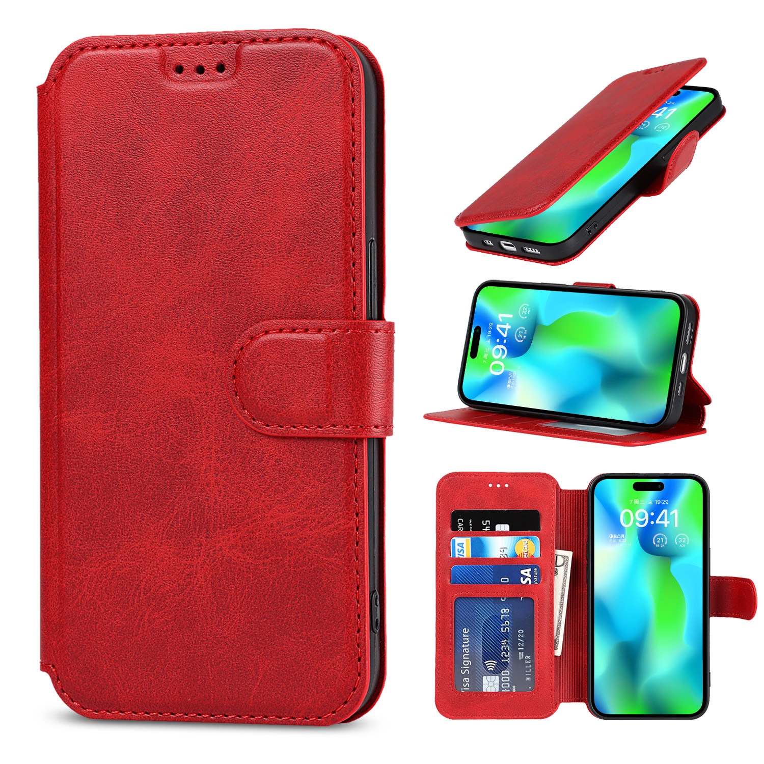 For iPhone 14 Pro Max Shockproof PU + TPU Leather Phone Case(Red) - Shopkiz.com