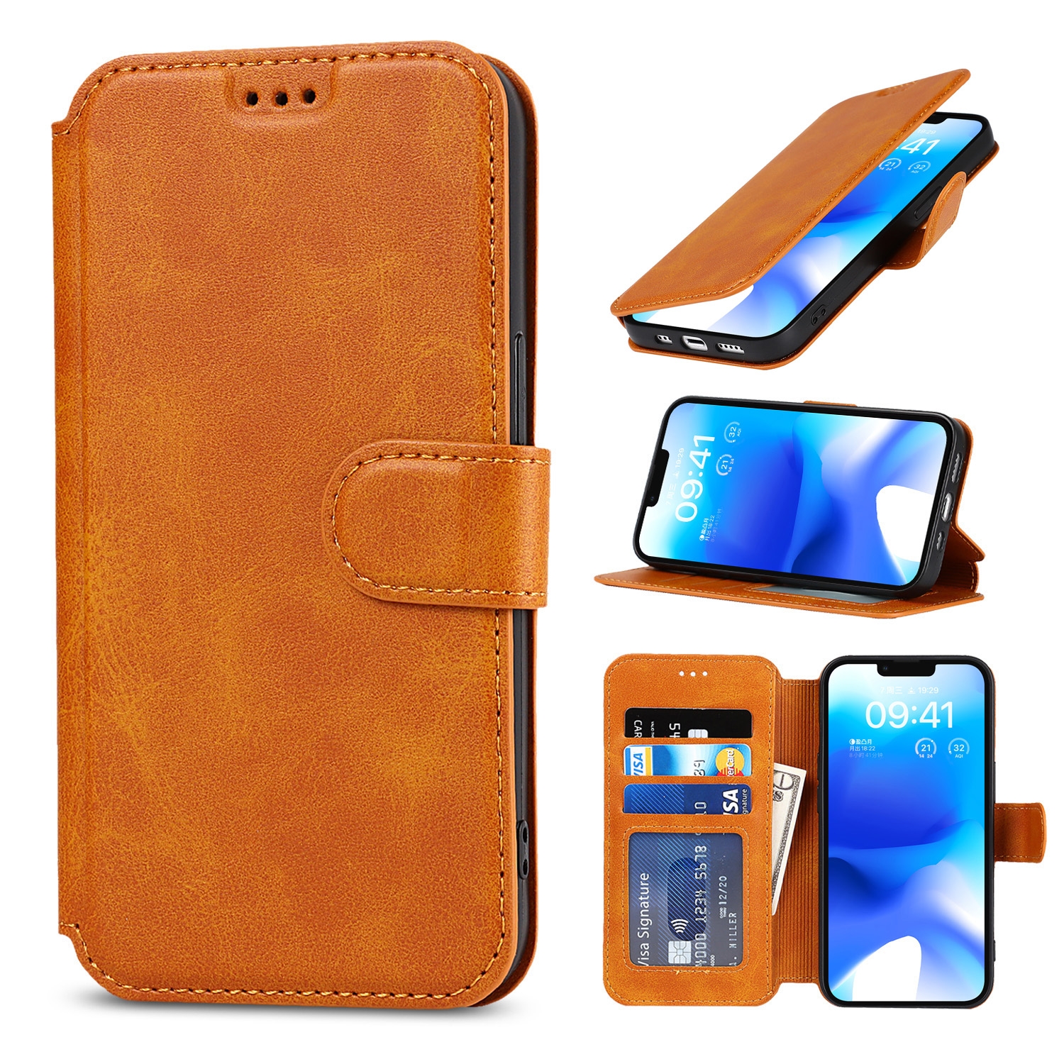 For iPhone 14 Plus Shockproof PU + TPU Leather Phone Case(Khaki) - Shopkiz.com