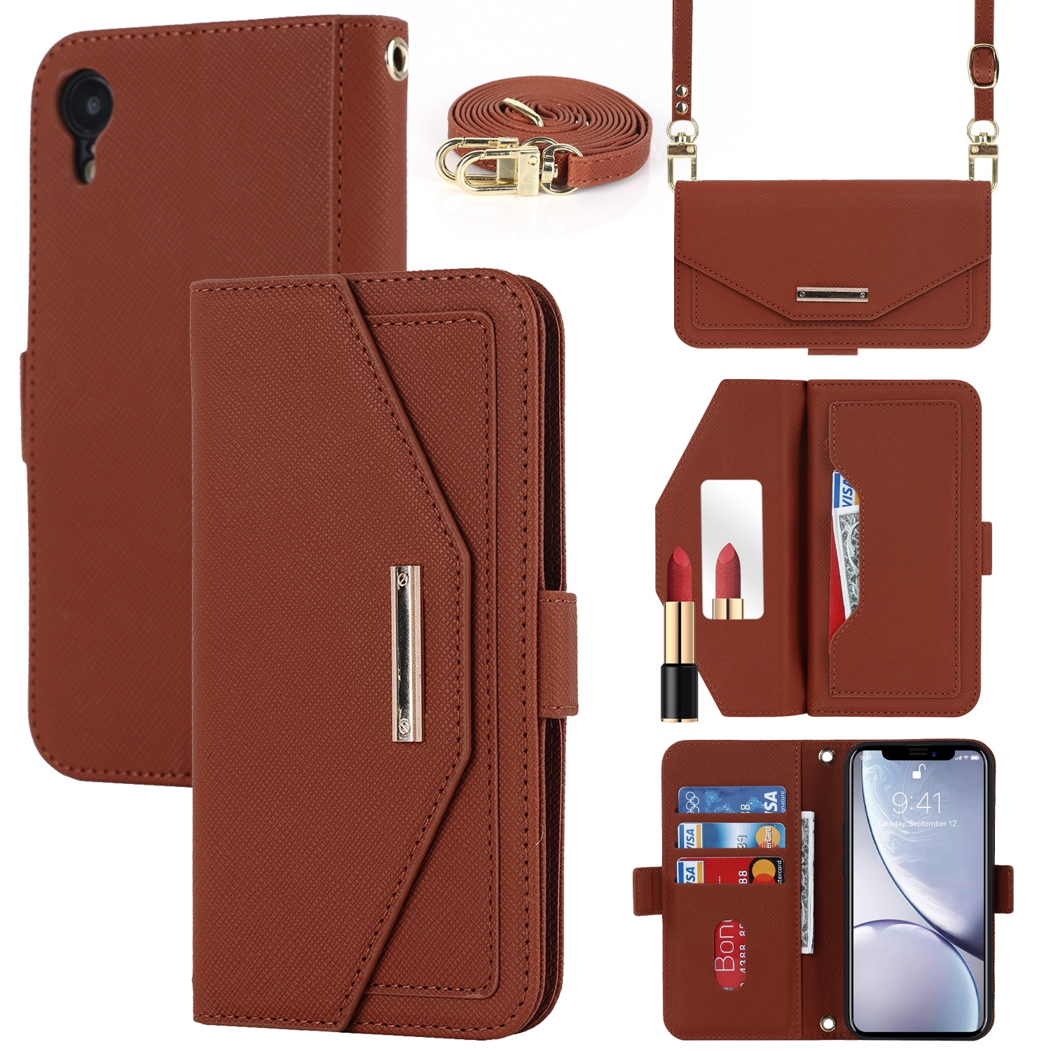 For iPhone XR Cross Texture Lanyard Leather Phone Case(Brown) - Shopkiz.com