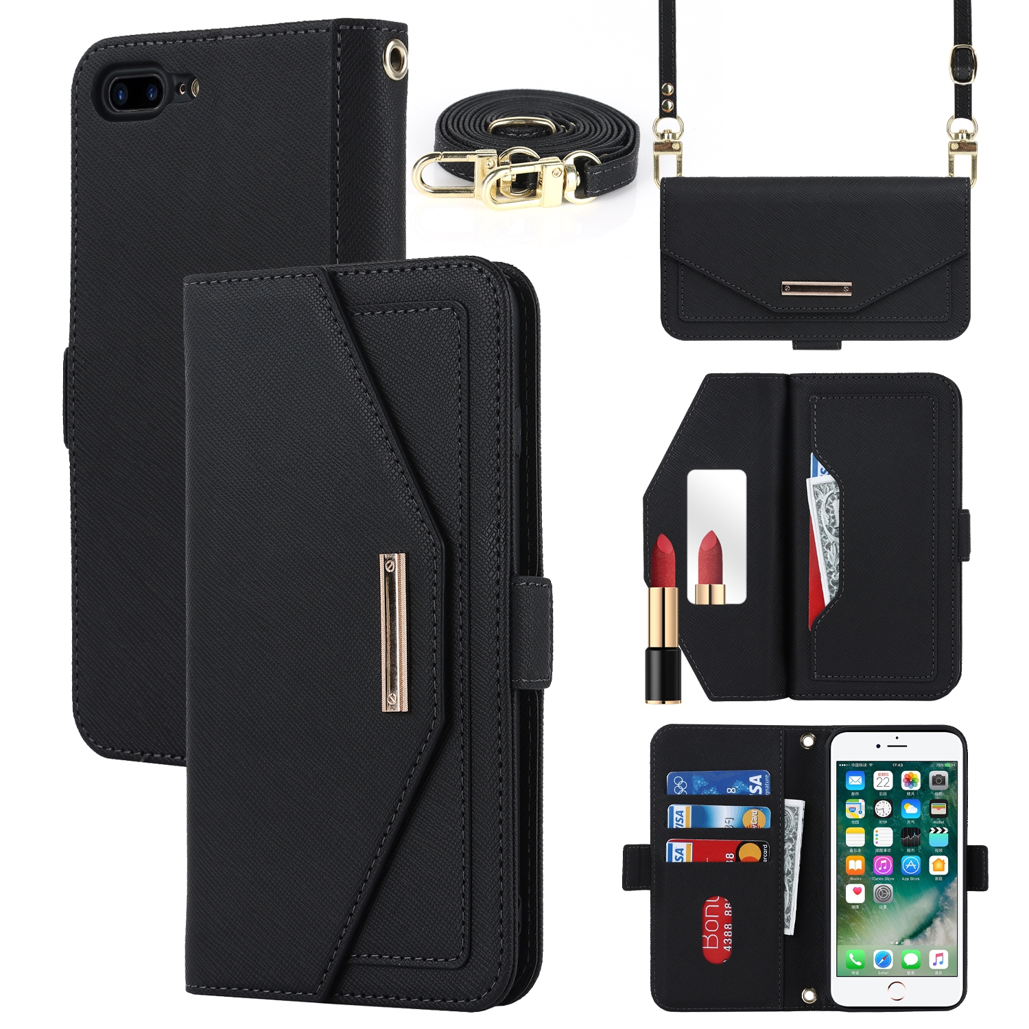 For iPhone 8 Plus / 7 Plus Cross Texture Lanyard Leather Phone Case(Black) - Shopkiz.com