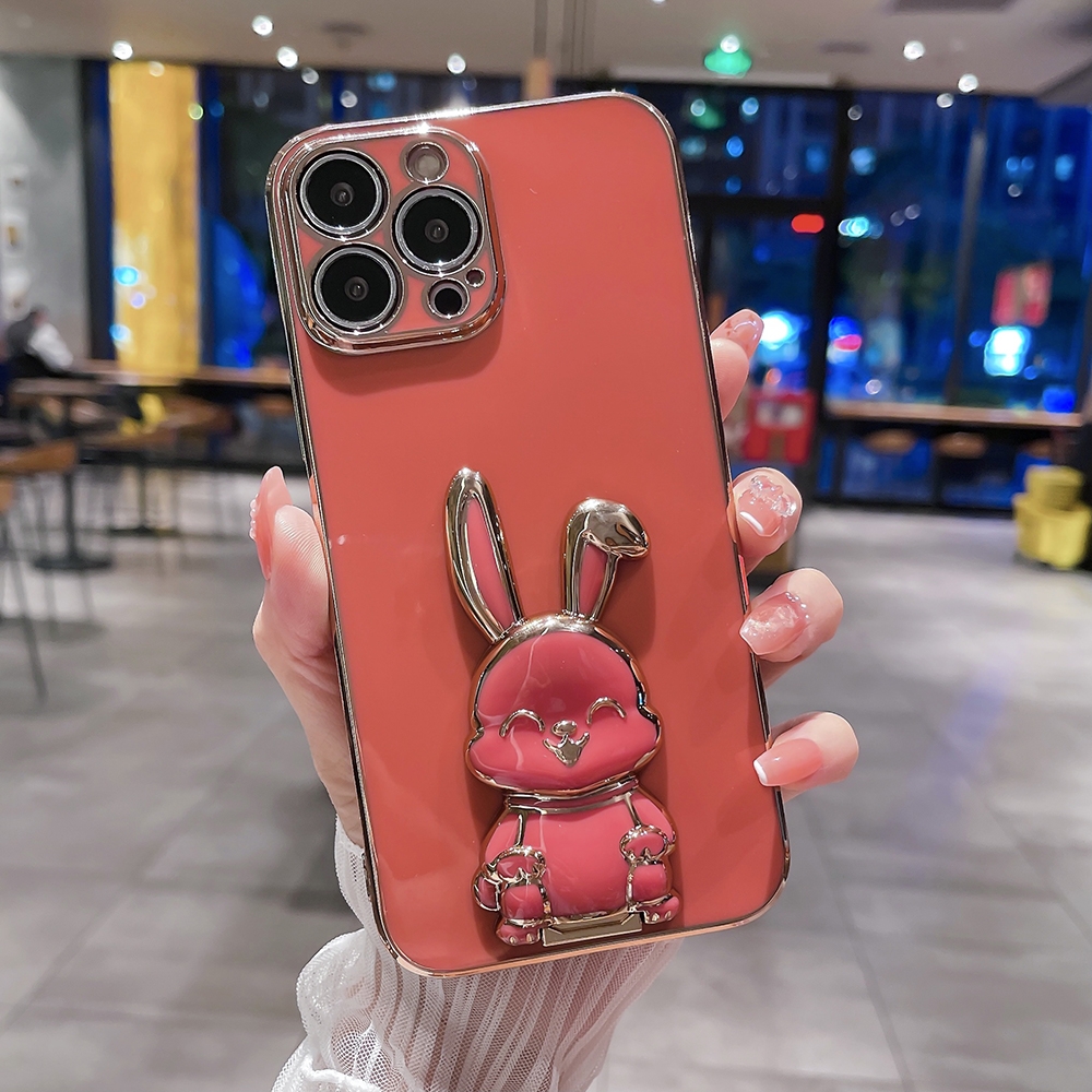For iPhone 12 Plating Rabbit Holder Phone Case(Red) - Shopkiz.com