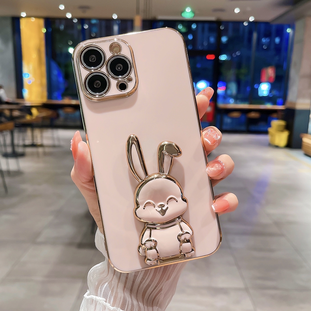 For iPhone 12 Pro Max Plating Rabbit Holder Phone Case(Pink) - Shopkiz.com