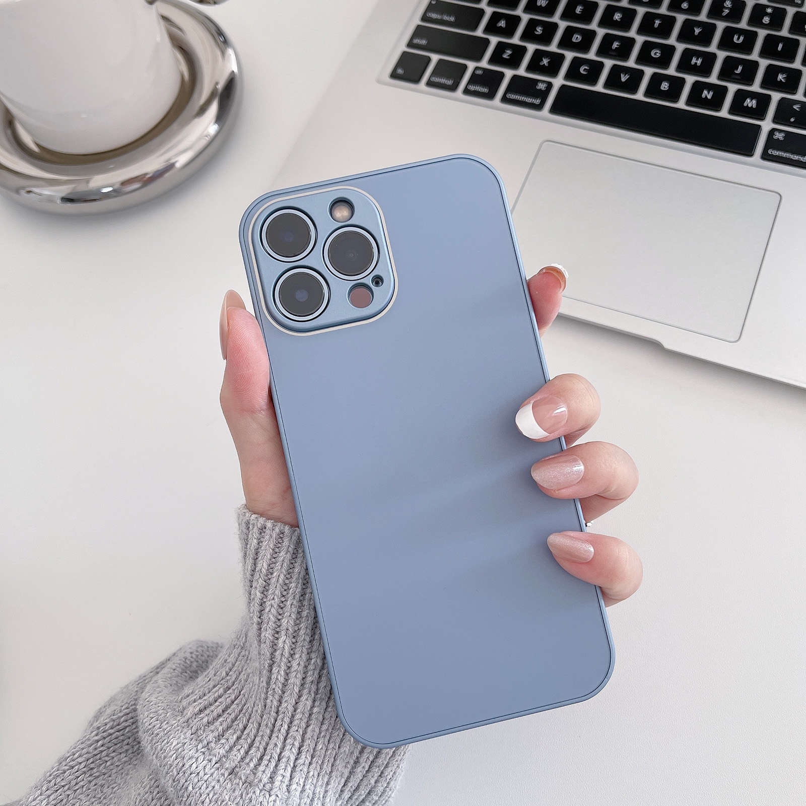 For iPhone 12 Skin Frosted Tempered Glass Phone Case(Lake Blue) - Shopkiz.com