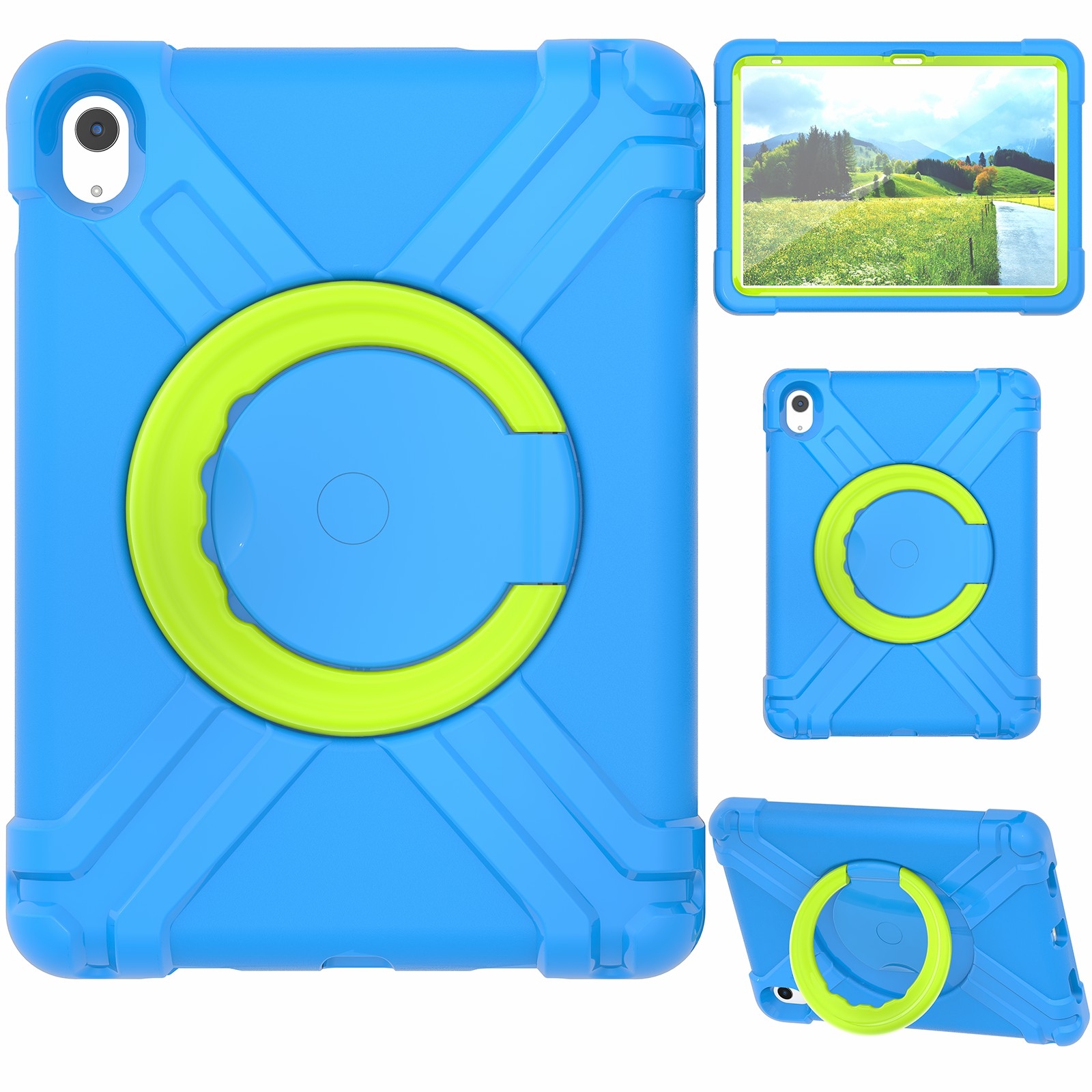 For iPad 2025 / 2022 EVA + PC Tablet Protective Case with 360 Rotating Bracket(Blue+Grass Green) - Shopkiz.com