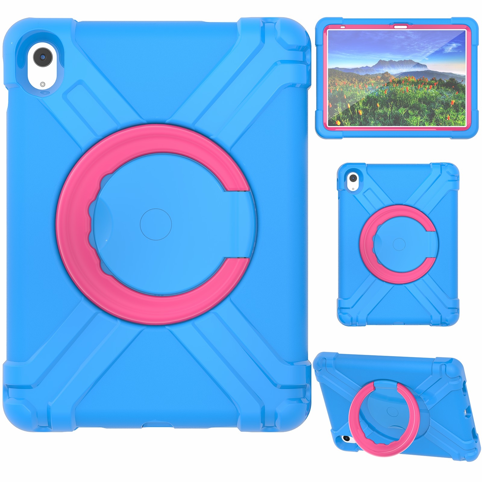 For iPad 2025 / 2022 EVA + PC Tablet Protective Case with 360 Rotating Bracket(Blue+Rose Red) - Shopkiz.com