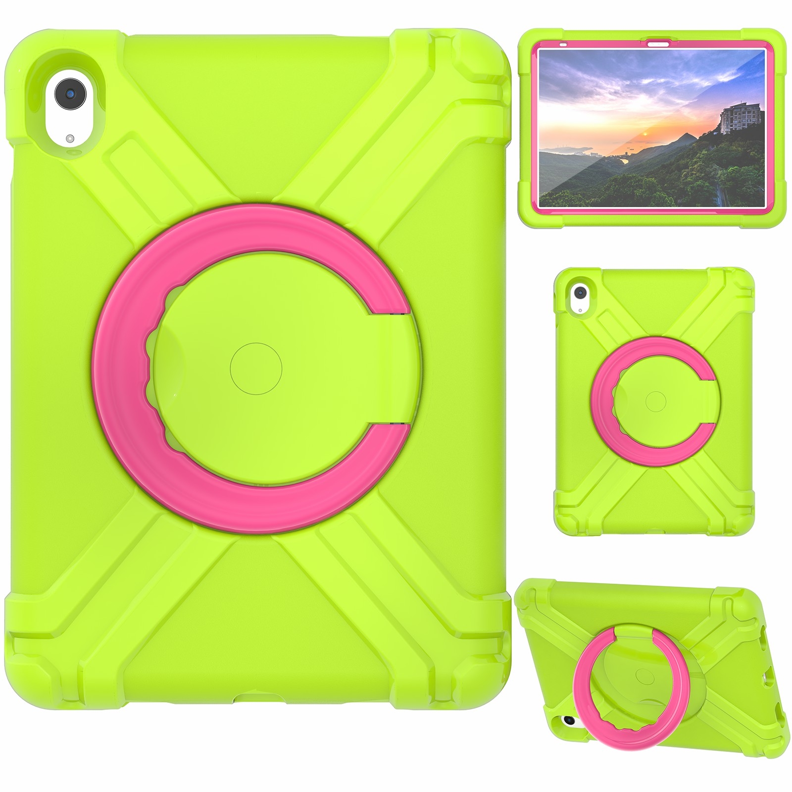 For iPad 2025 / 2022 EVA + PC Tablet Protective Case with 360 Rotating Bracket(Grass Green+Rose Red) - Shopkiz.com